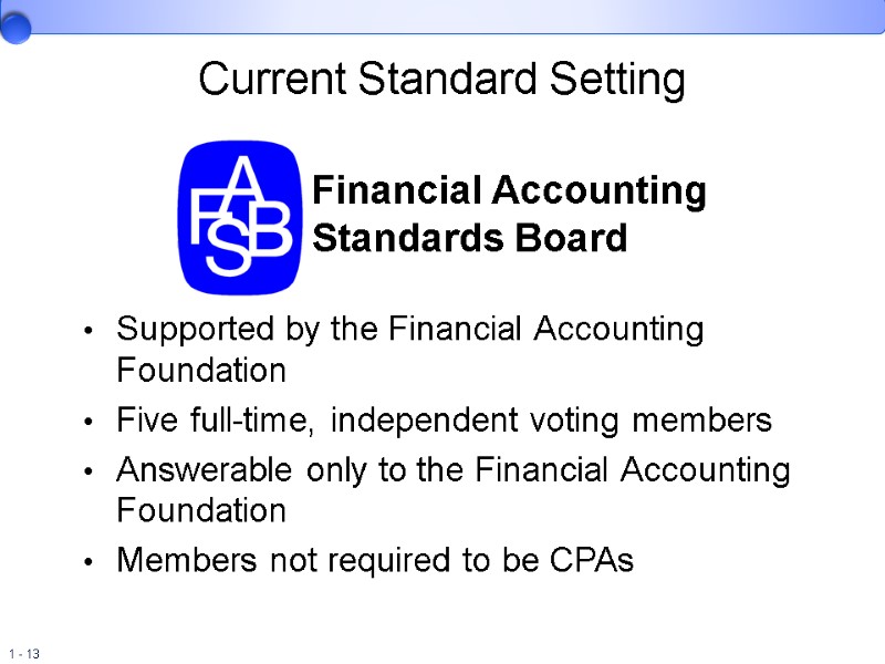 Current Standard Setting Supported by the Financial Accounting Foundation Five full-time, independent voting members